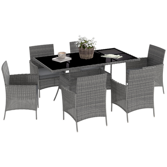 Outsunny Rattan Dining Set for 6 with Cushions, Glass Top Table