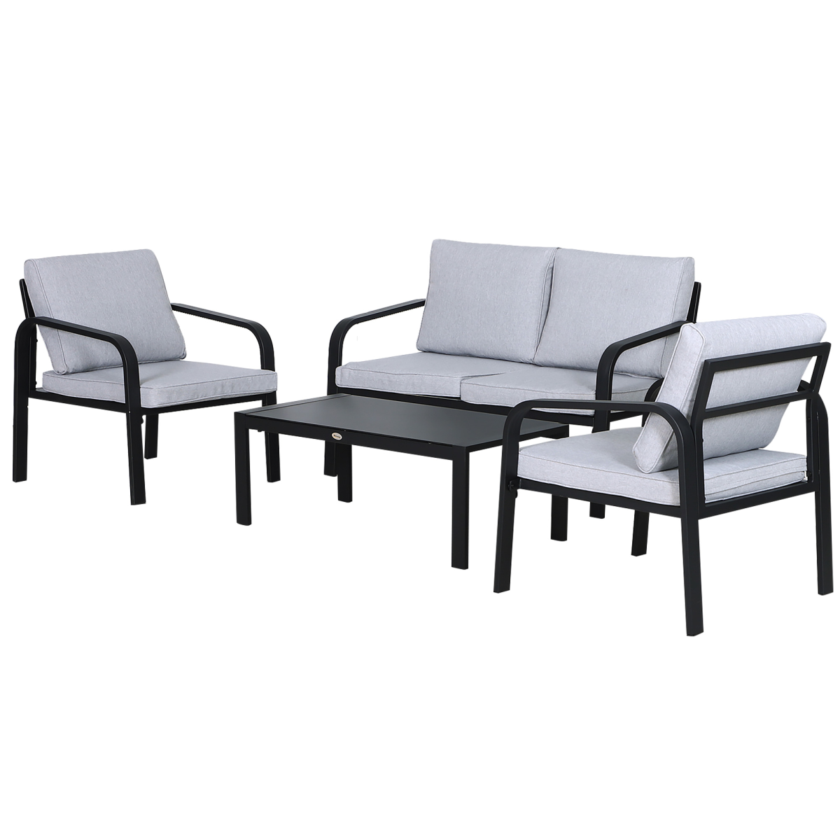 4 Pcs Garden Dining Set & 2 Chairs Sofa Glass Top Table Foam Cushions Grey Black