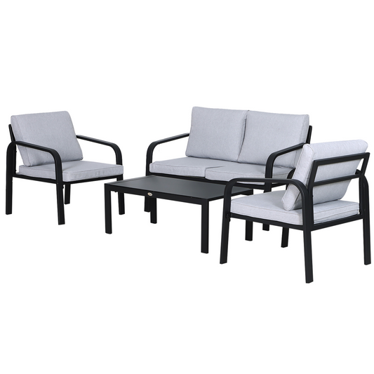 4 Pcs Garden Dining Set & 2 Chairs Sofa Glass Top Table Foam Cushions Grey Black