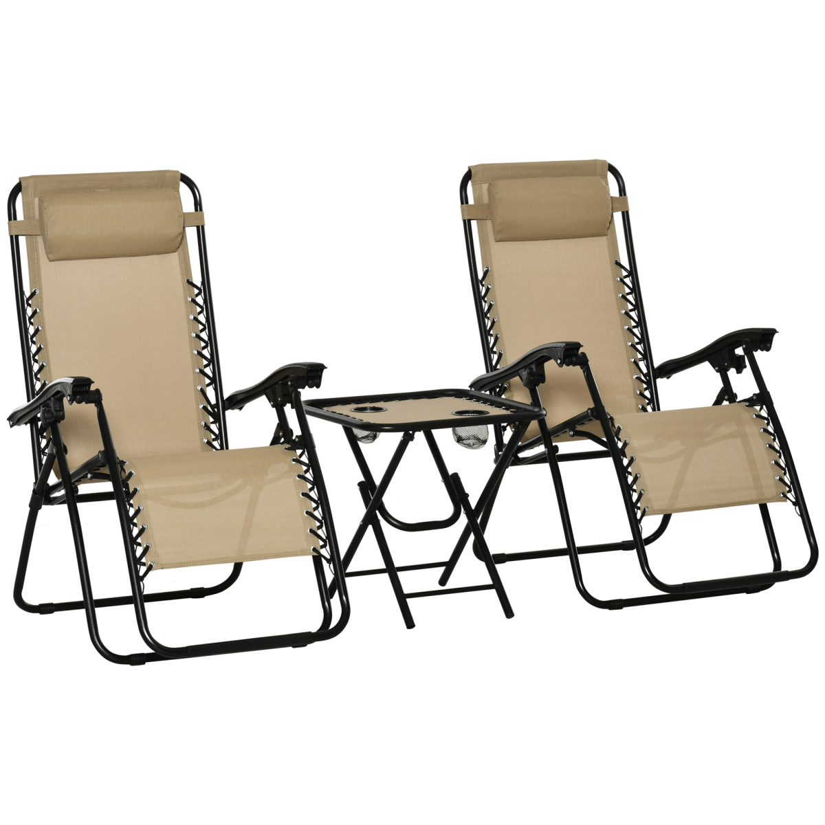 Zero Gravity Chairs Sun Lounger Table Set w/ Cup Holders, Beige 3PC