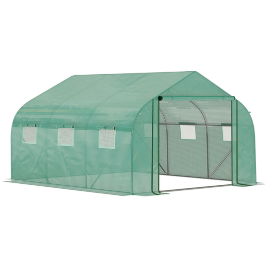 Walk-in Garden Greenhouse Zippered Roll Up Door & 6 Windows, 3.5 x 3 x 2m, Green