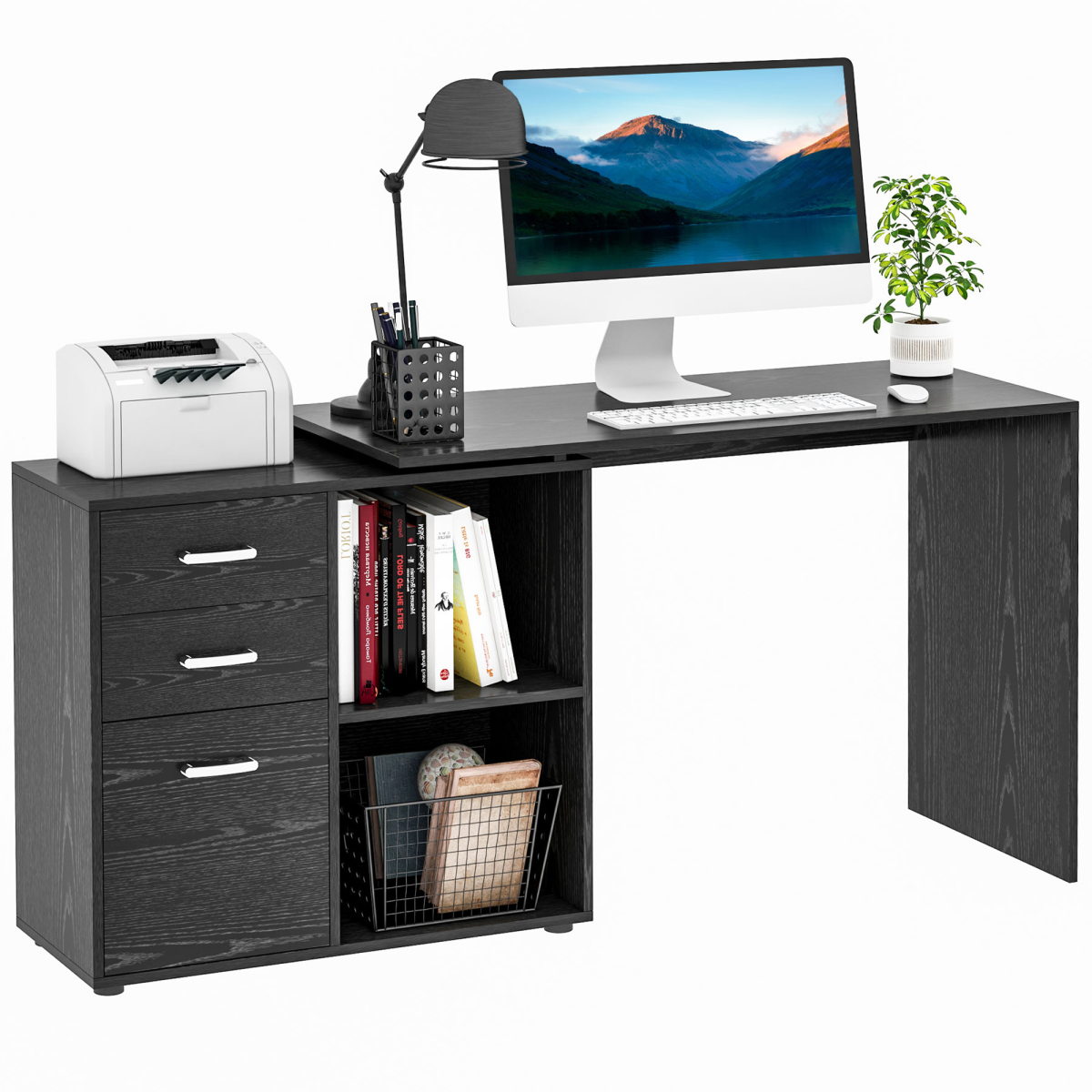 L Shape Computer Desk Workstation Home Office Drawer Shelf File Cabinet