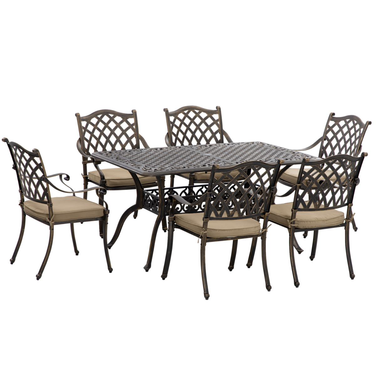 Outsunny 7-PC Cast Aluminum Patio Dining Set w/ Umbrella Hole & Cushion, Bronze