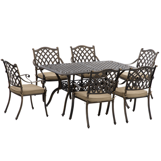 Outsunny 7-PC Cast Aluminum Patio Dining Set w/ Umbrella Hole & Cushion, Bronze