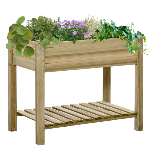 Raised Garden Bed with Legs and Storage Shelf, Elevated Wooden Planter Box,