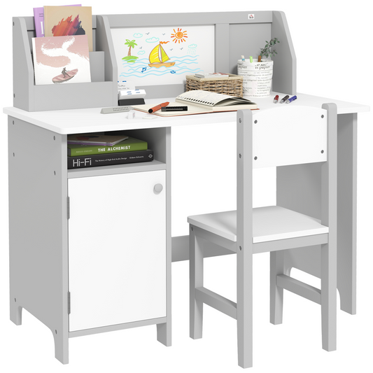 Two-Piece Childrens Table and Chair Set w/ Whiteboard Storage - Grey